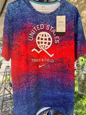 Nike Dri-FIT Shirt Mens Blue Red USA Track & Field Graphic Tee Running Top B9#1